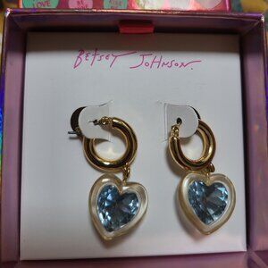 Betsy Johnson hoop earrings with blue hearts. NIB.